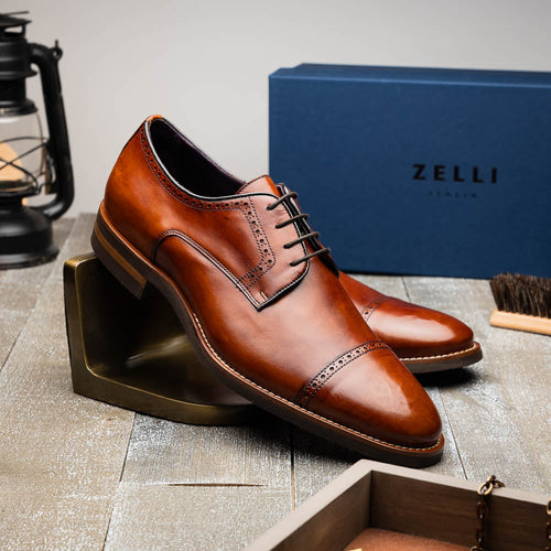 Zelli Giovanni Cap Toe Brogue Dress Shoes in Cognac with Textured Finish