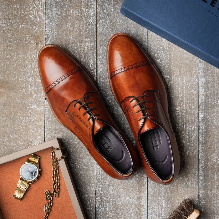 Zelli Giovanni Cap Toe Brogue Dress Shoes in Cognac with Textured Finish