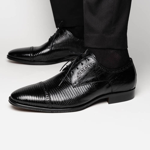 Zelli Giovanni Genuine Lizard Cap Toe Brogue Dress Shoes in Black
