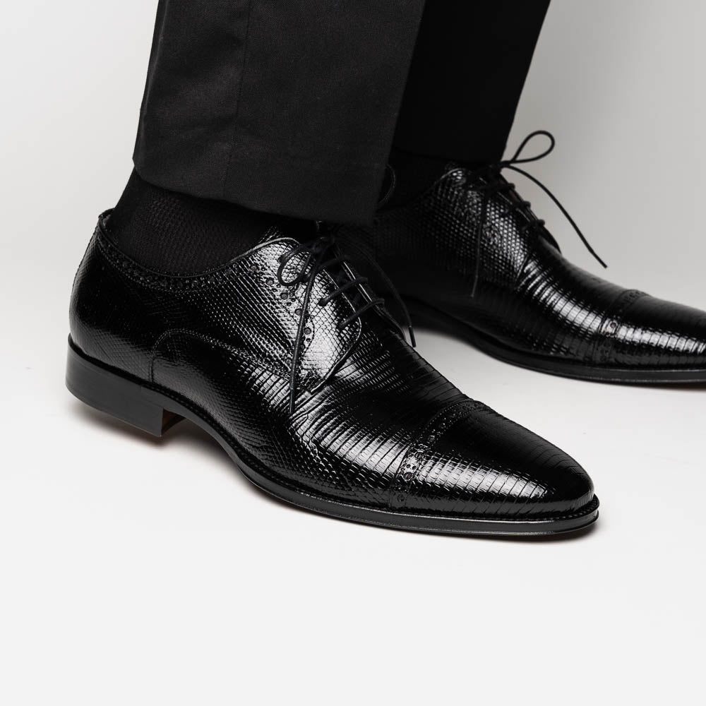 Zelli Giovanni Genuine Lizard Cap Toe Brogue Dress Shoes in Black