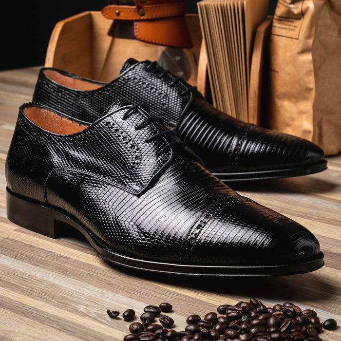Zelli Giovanni Genuine Lizard Cap Toe Brogue Dress Shoes in Black