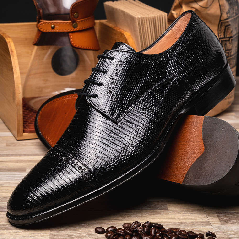 Zelli Giovanni Genuine Lizard Cap Toe Brogue Dress Shoes in Black