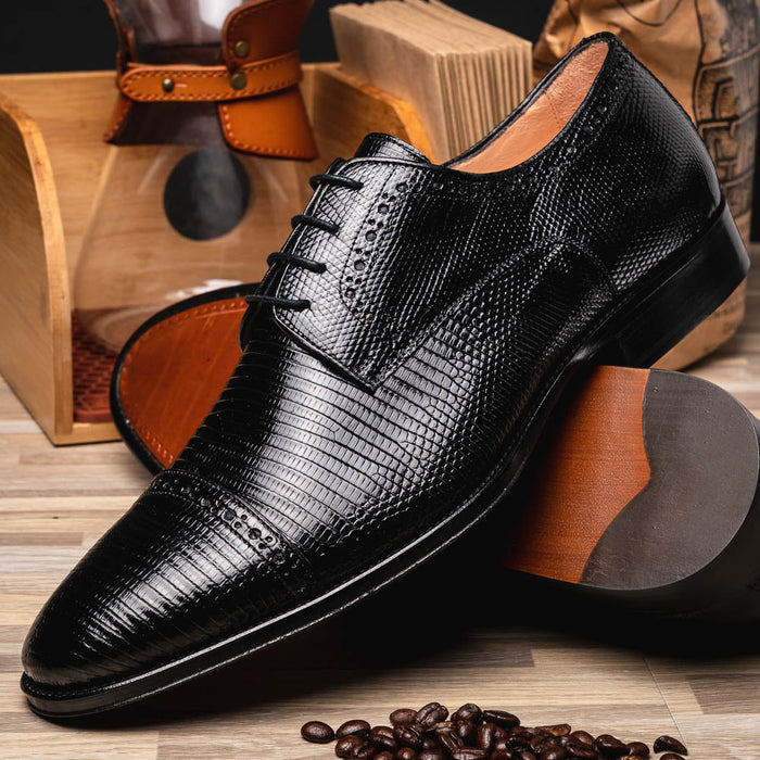 Zelli Giovanni Genuine Lizard Cap Toe Brogue Dress Shoes in Black