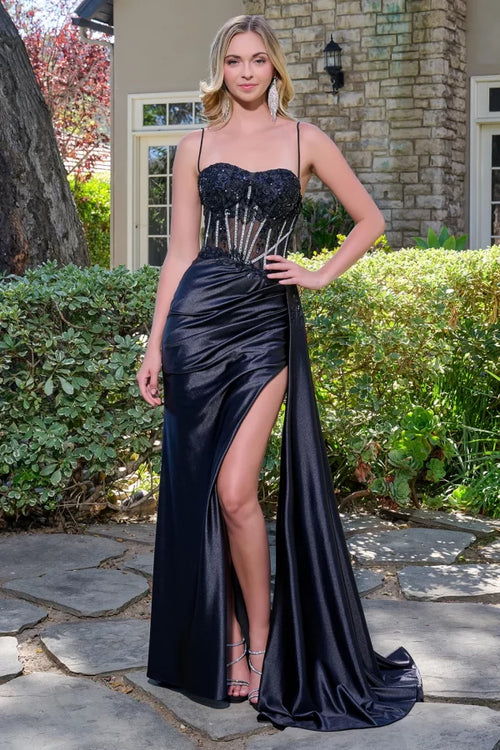 Prom Dress with Beaded Bodice & High Slit Spaghetti Strap Formal Gown by Elizabeth K GL3619