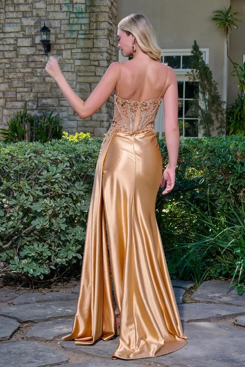 Prom Dress with Beaded Bodice & High Slit Spaghetti Strap Formal Gown by Elizabeth K GL3619