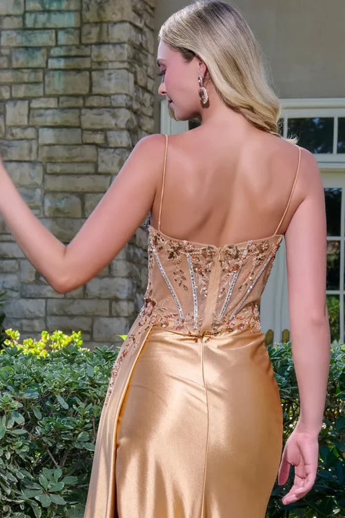 Prom Dress with Beaded Bodice & High Slit Spaghetti Strap Formal Gown by Elizabeth K GL3619