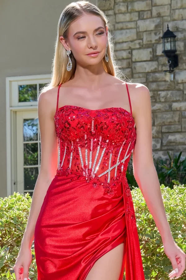 Prom Dress with Beaded Bodice & High Slit Spaghetti Strap Formal Gown by Elizabeth K GL3619