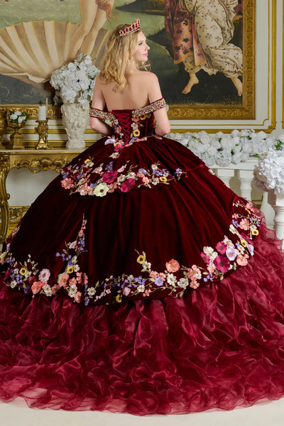 Burgundy Charro Quinceanera Dress Off Shoulder Ruffled Ball Gown by Elizabeth K GL3638