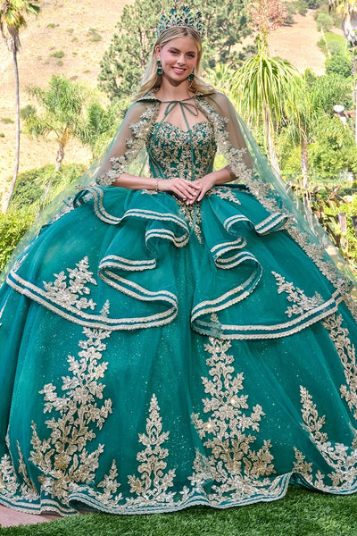 Green Strapless Sweetheart Neck Beaded Corset Ruffle-Tier Ball Gown with Cape by Elizabeth K GL3671