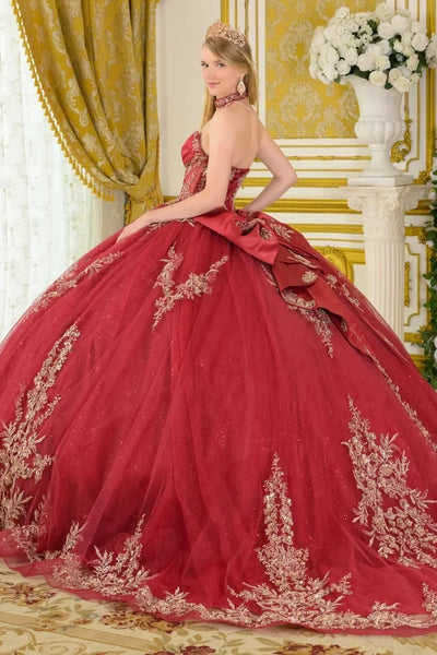 Strapless Beaded Quinceañera Ball Gown in Burgundy with Corset Back & Train by Elizabeth K GL3675