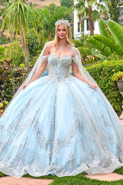 Off-The-Shoulder Sweetheart Beaded Corset Ball Gown in Blue/Silver with Oversized Bow by Elizabeth K GL3707