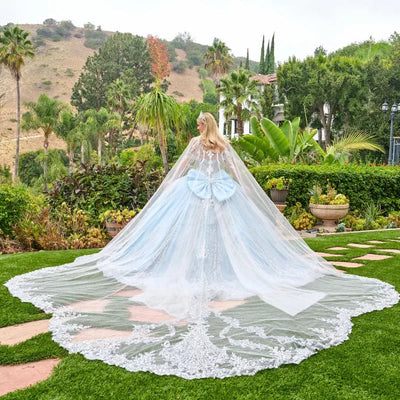 Off-The-Shoulder Sweetheart Beaded Corset Ball Gown in Blue/Silver with Oversized Bow by Elizabeth K GL3707
