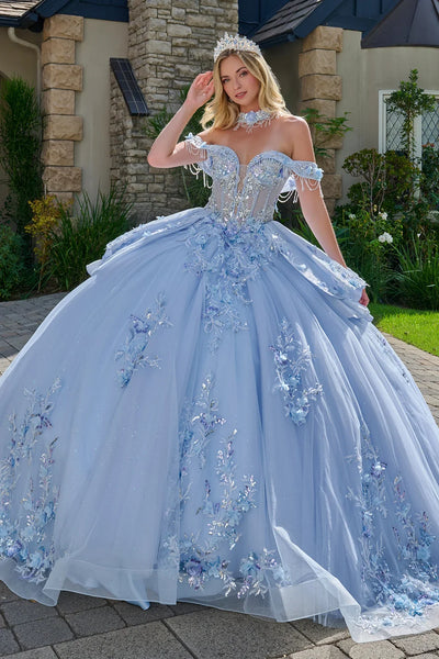Off-Shoulder Light Blue Corset Bodice Floral Appliqué Gown Quinceañera Dress by Elizabeth K GL3720