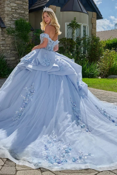 Off-Shoulder Light Blue Corset Bodice Floral Appliqué Gown Quinceañera Dress by Elizabeth K GL3720