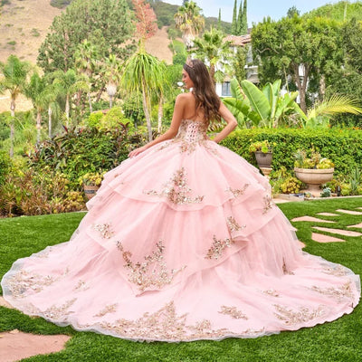 Strapless Sweetheart Illusion Corset Bodice Sequin Appliqué Layered Ball Gown by Elizabeth K GL3724