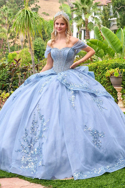 Off-Shoulder Beaded Corset Bodice Glitter Ball Gown with Bow by Elizabeth K GL3727