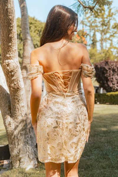 Glitter Print Off Shoulder Dress by Elizabeth KGS3510