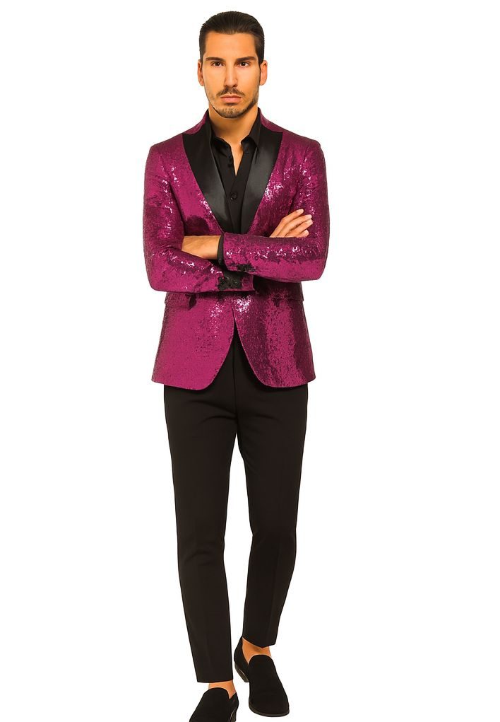 Glitter Tuxedo Dinner Jacket - Sequin Blazer - Hot Pink Flashy Stage Sport Coat By Alberto Nardoni