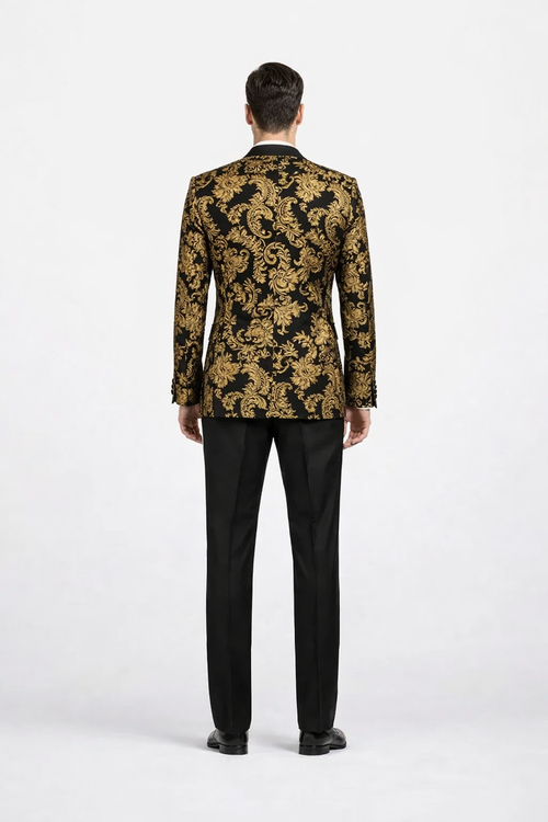 Gold Prom Tuxedo Suit - Gold Wedding Suit - Men's Modern Fit Velvet Floral Paisley Foil Tuxedo Jacket