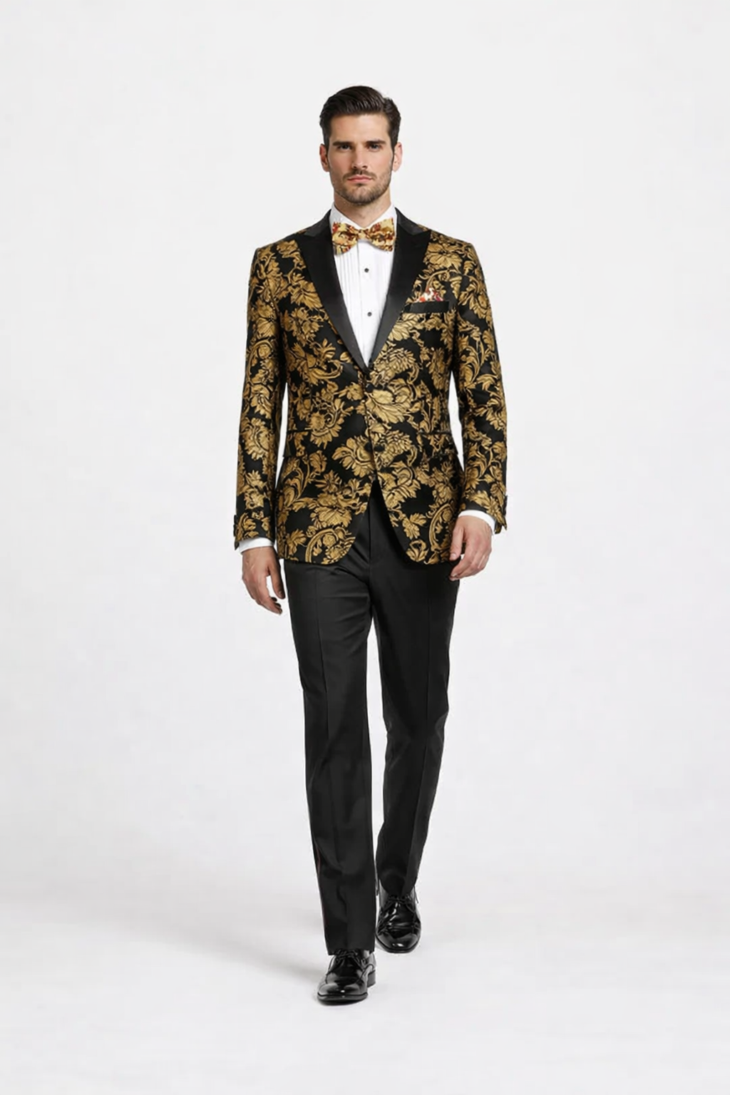 Gold Prom Tuxedo Suit - Gold Wedding Suit - Men's Modern Fit Velvet Floral Paisley Foil Tuxedo Jacket