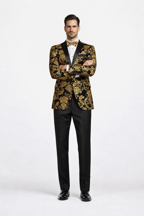 Gold Prom Tuxedo Suit - Gold Wedding Suit - Men's Modern Fit Velvet Floral Paisley Foil Tuxedo Jacket
