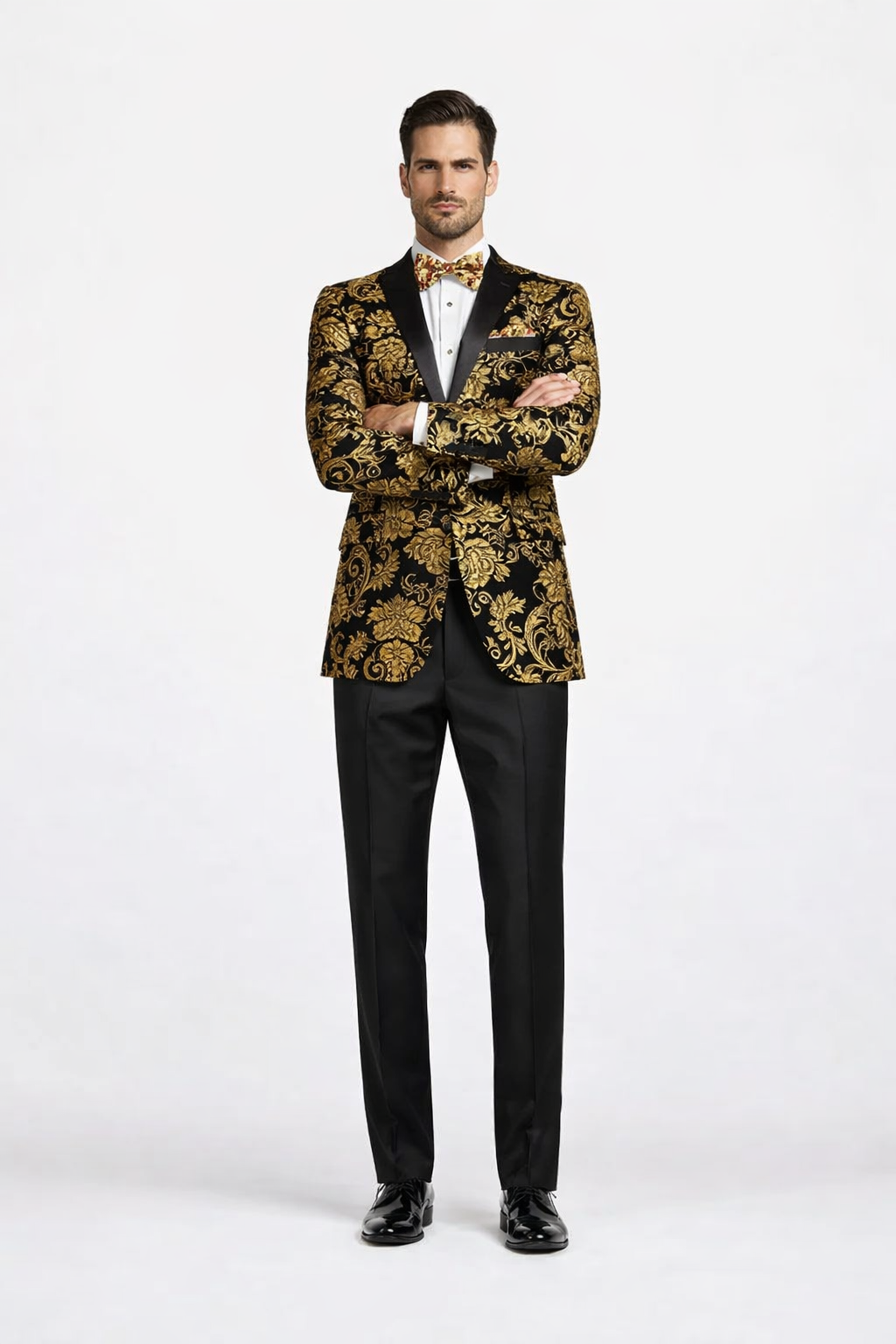 Gold Prom Tuxedo Suit - Gold Wedding Suit - Men's Modern Fit Velvet Floral Paisley Foil Tuxedo Jacket