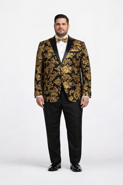 Gold Prom Tuxedo Suit - Gold Wedding Suit - Men's Modern Fit Velvet Floral Paisley Foil Tuxedo Jacket