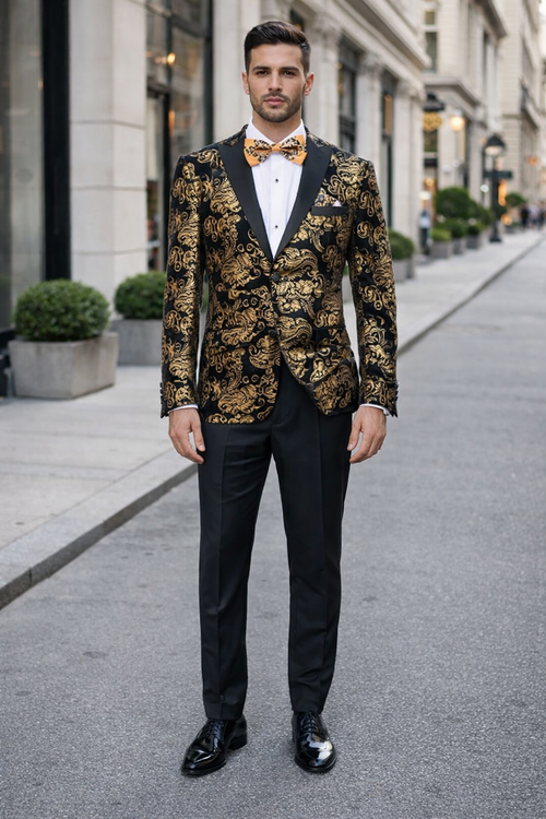 Gold Prom Tuxedo Suit - Gold Wedding Suit - Men's Modern Fit Velvet Floral Paisley Foil Tuxedo Jacket