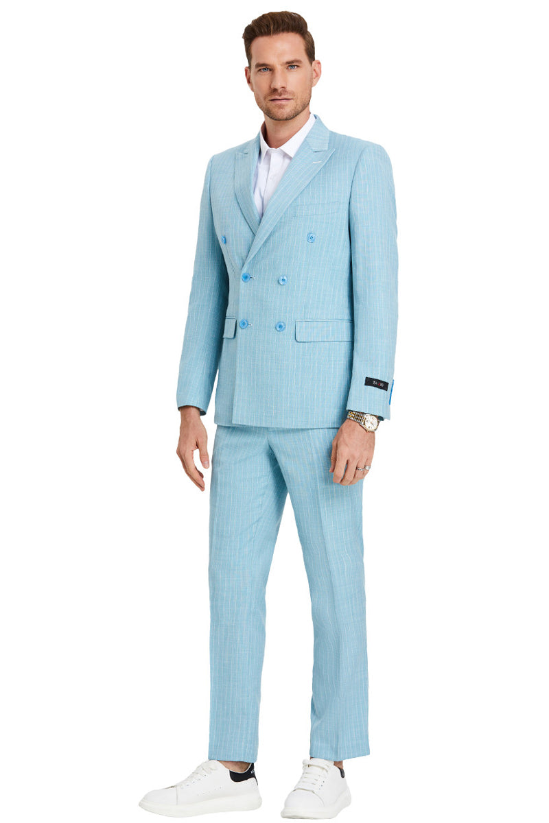 Men's Slim Fit Pastel Suit in Teal Blue Pinstripe