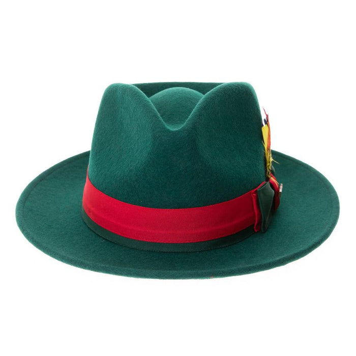 Hunter Green & Red Grayson Fedora 100% Australian Wool Crushable Hat by Ferrecci