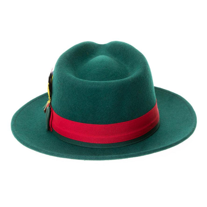 Hunter Green & Red Grayson Fedora 100% Australian Wool Crushable Hat by Ferrecci