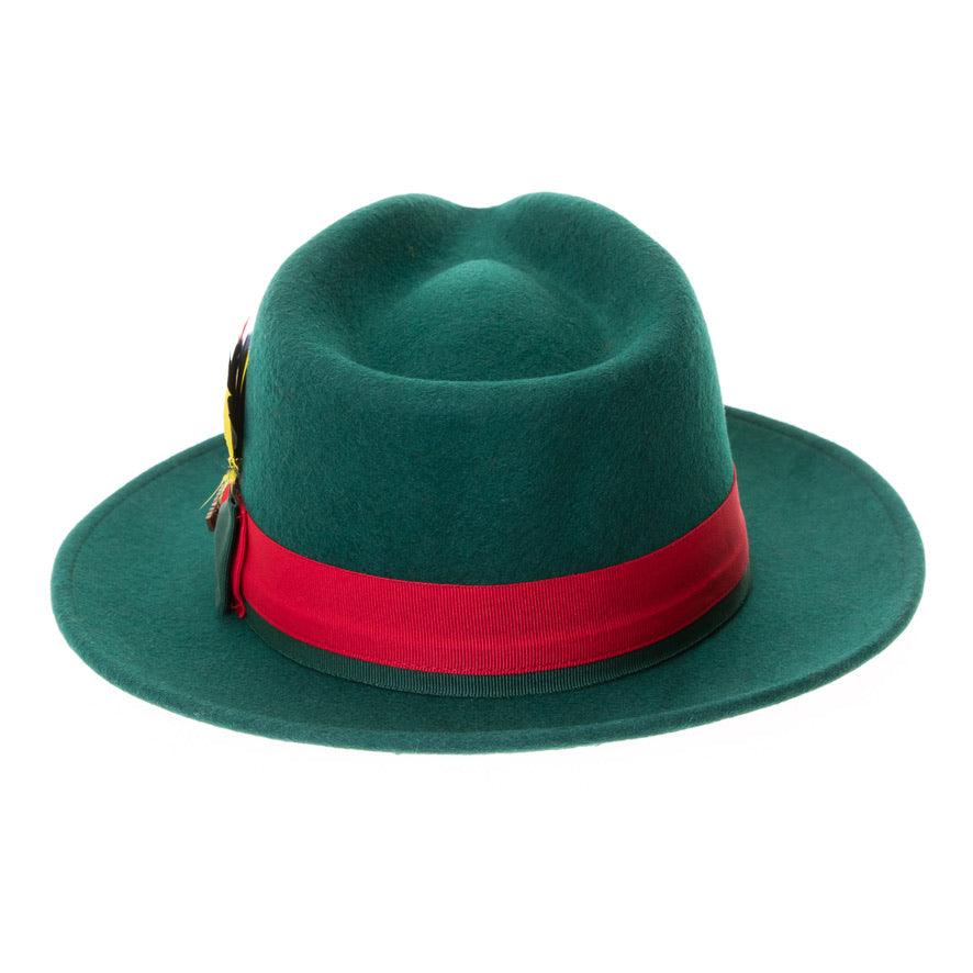 Hunter Green & Red Grayson Fedora 100% Australian Wool Crushable Hat by Ferrecci
