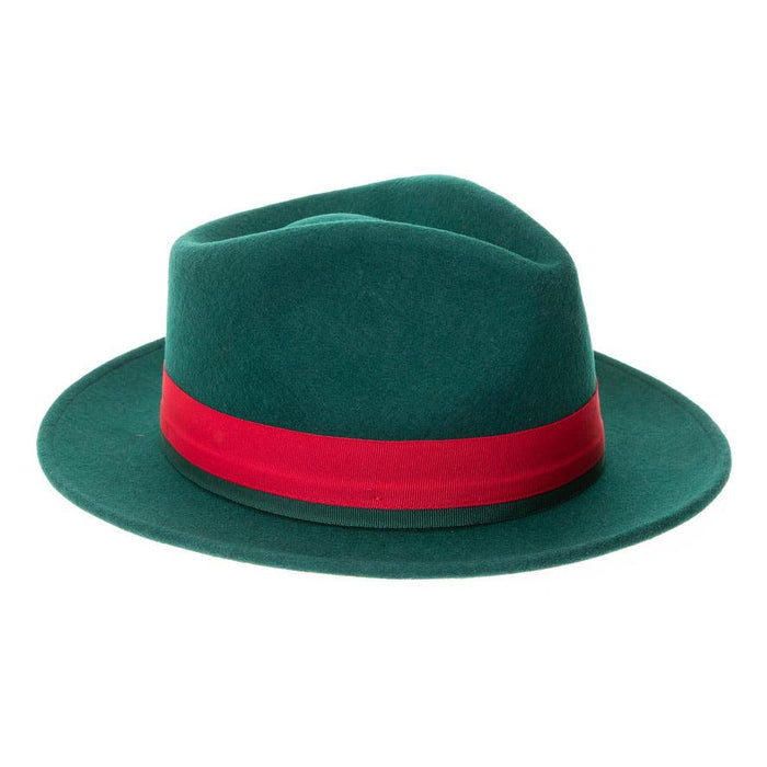 Hunter Green & Red Grayson Fedora 100% Australian Wool Crushable Hat by Ferrecci