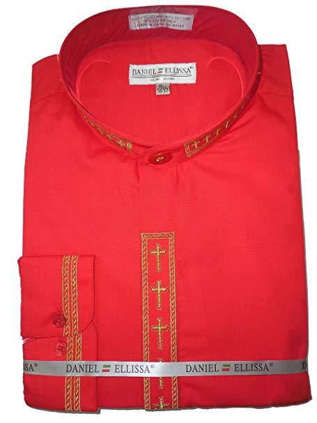 '-> Daniel Ellissa Men's Red & Gold Embroidered Clergy Banded Collar Dress Shirt - USA Men's Outlet