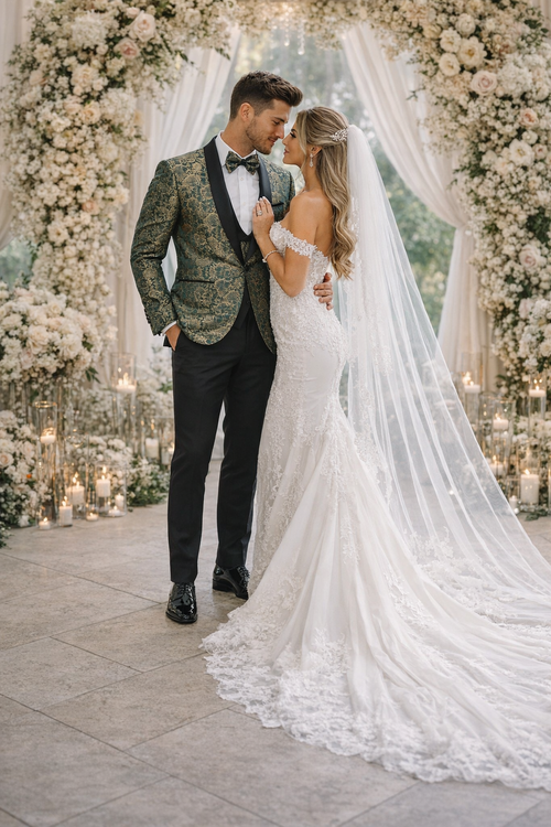 Green & Gold Pattern Tuxedo 4-Piece Set with Shawl Lapel – Wedding & Prom