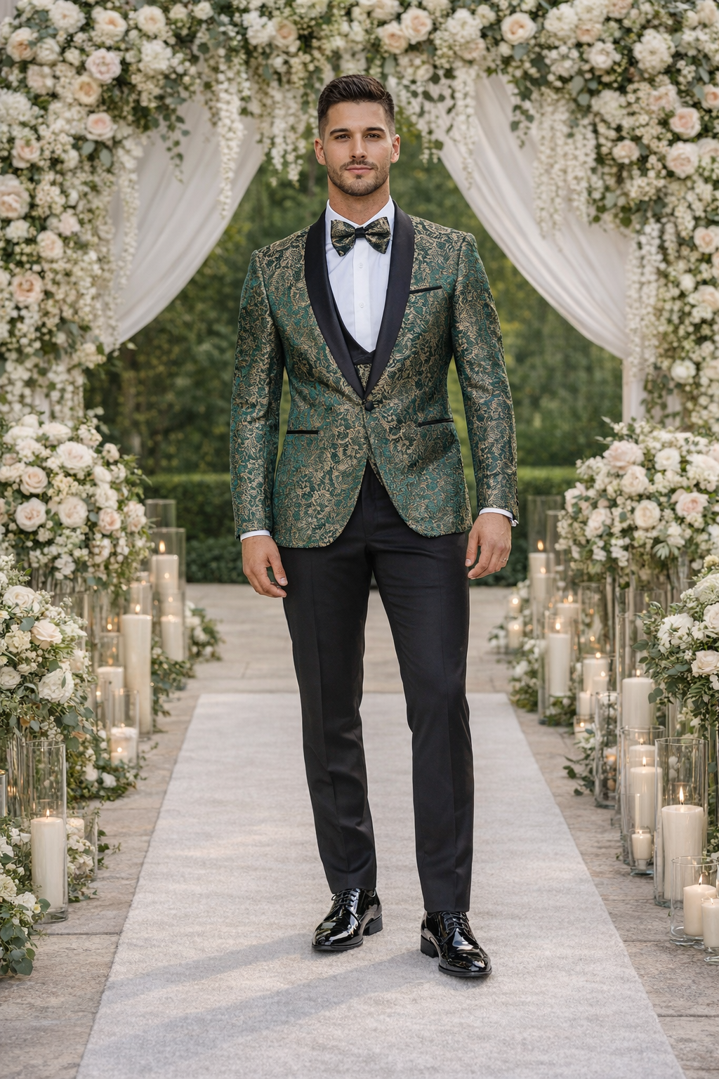 Green & Gold Pattern Tuxedo 4-Piece Set with Shawl Lapel – Wedding & Prom