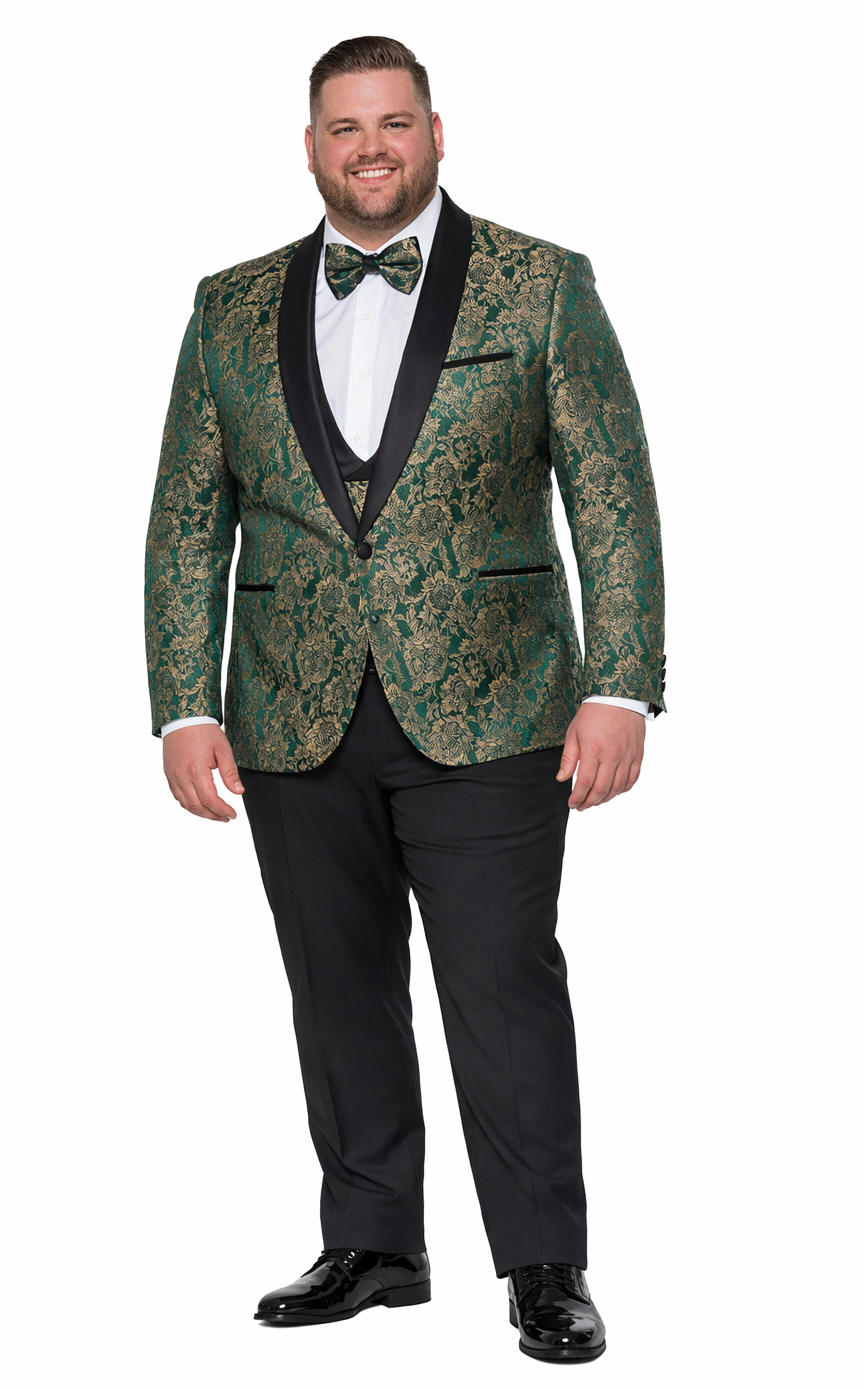 Green & Gold Pattern Tuxedo 4-Piece Set with Shawl Lapel – Wedding & Prom