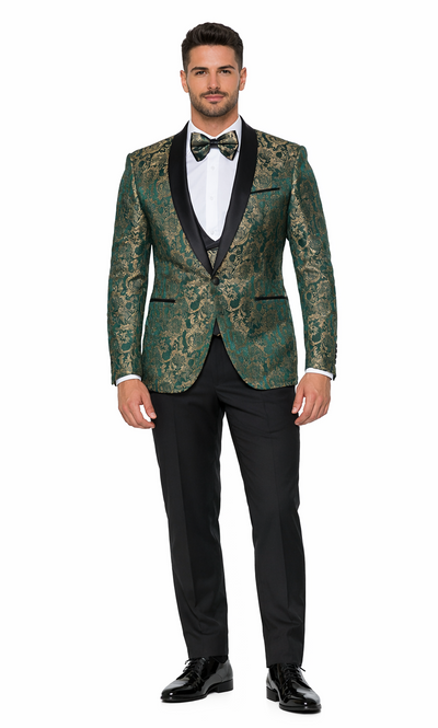 Green & Gold Pattern Tuxedo 4-Piece Set with Shawl Lapel – Wedding & Prom
