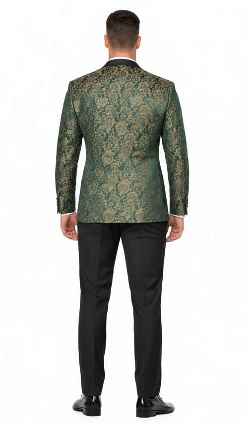 Green & Gold Pattern Tuxedo 4-Piece Set with Shawl Lapel – Wedding & Prom
