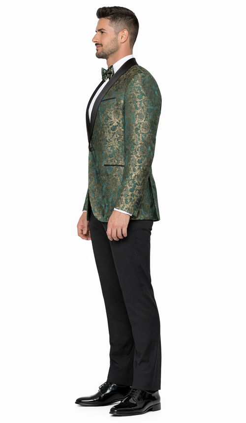 Green & Gold Pattern Tuxedo 4-Piece Set with Shawl Lapel – Wedding & Prom
