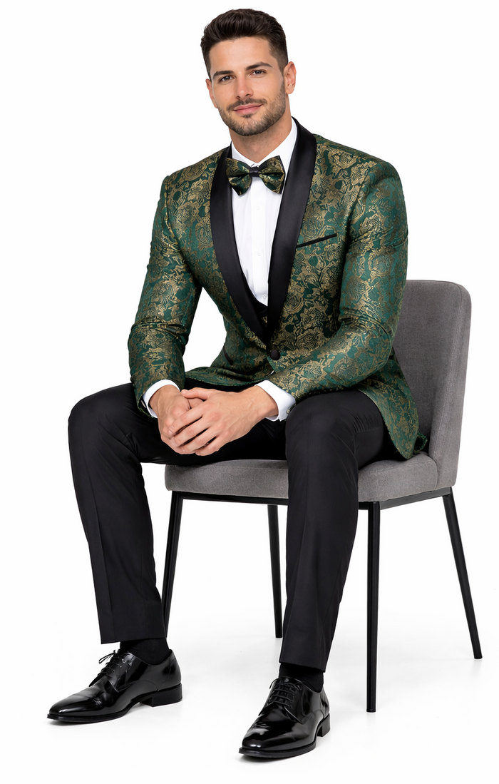 Green & Gold Pattern Tuxedo 4-Piece Set with Shawl Lapel – Wedding & Prom