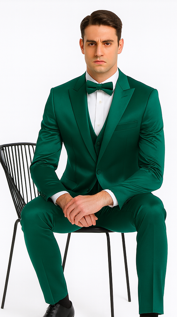 Tazzio Men's Green Satin 3 Piece Slim Fit Suit with Peak Lapel – Elegant Formalwear