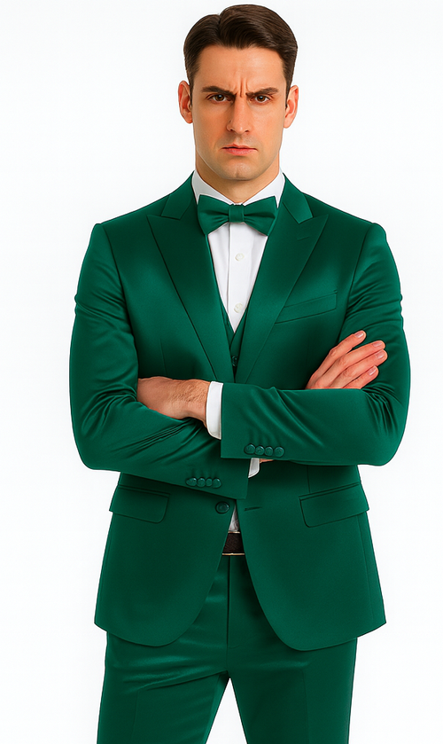 Tazzio Men's Green Satin 3 Piece Slim Fit Suit with Peak Lapel – Elegant Formalwear