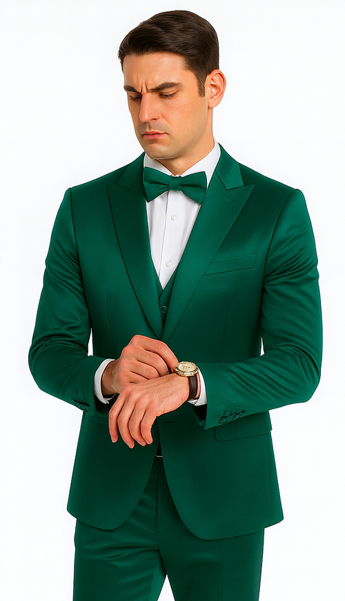 Tazzio Men's Green Satin 3 Piece Slim Fit Suit with Peak Lapel – Elegant Formalwear