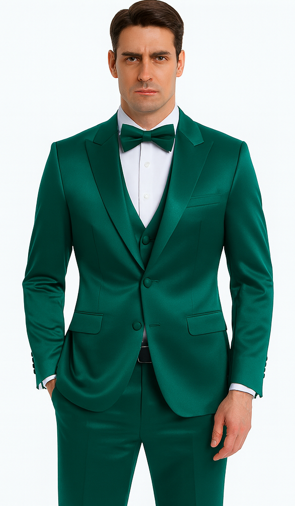 Tazzio Men's Green Satin 3 Piece Slim Fit Suit with Peak Lapel – Elegant Formalwear