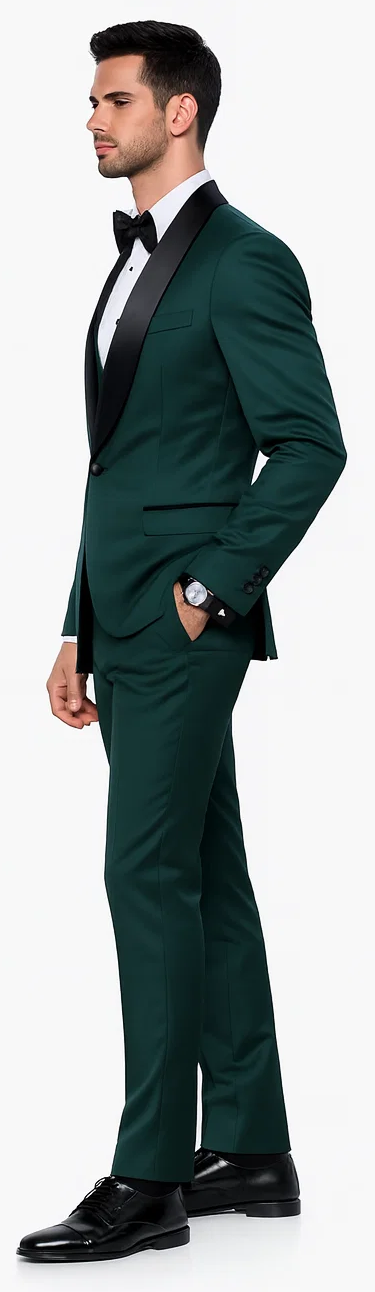 Green Slim Fit Tuxedo with Large Black Shawl Lapel – 3 Piece Wedding & Prom Set