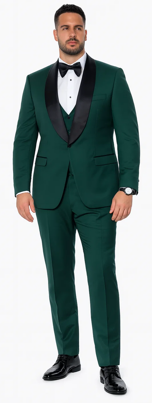 Green Slim Fit Tuxedo with Large Black Shawl Lapel – 3 Piece Wedding & Prom Set