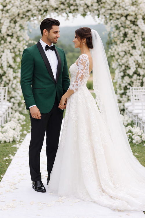 Green Tuxedo Jacket with Black Satin Shawl Lapel – Slim Fit