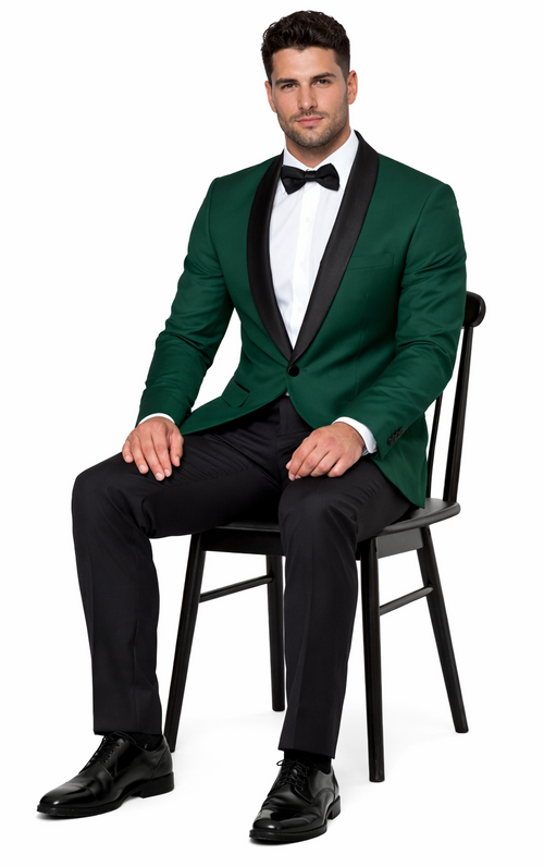 Green Tuxedo Jacket with Black Satin Shawl Lapel – Slim Fit