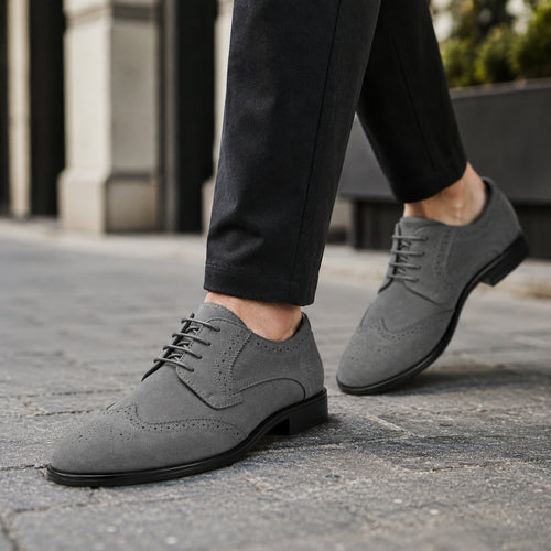 Polished Product Title: Bravo Men's Grey Vegan Suede Wingtip Dress Shoe for Weddings & Proms